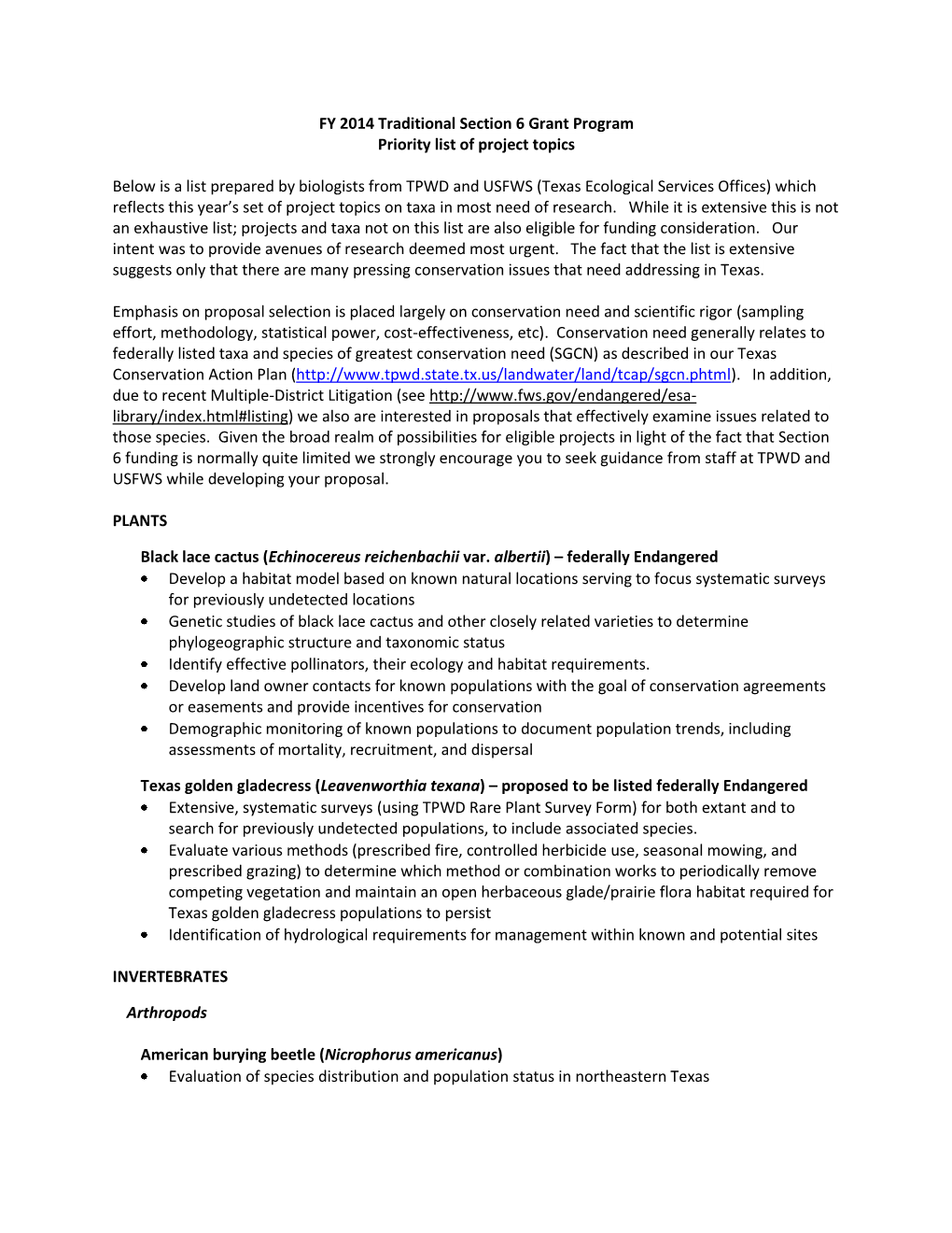 FY 2014 Traditional Section 6 Grant Program Priority List of Project Topics