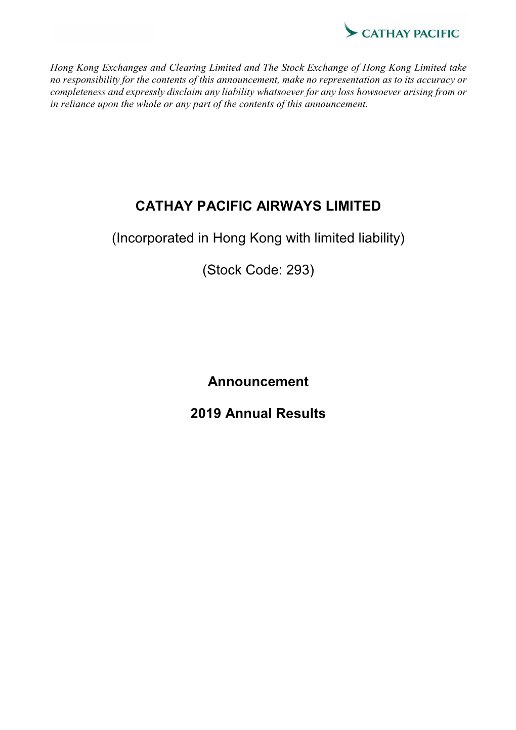 CATHAY PACIFIC AIRWAYS LIMITED (Incorporated In