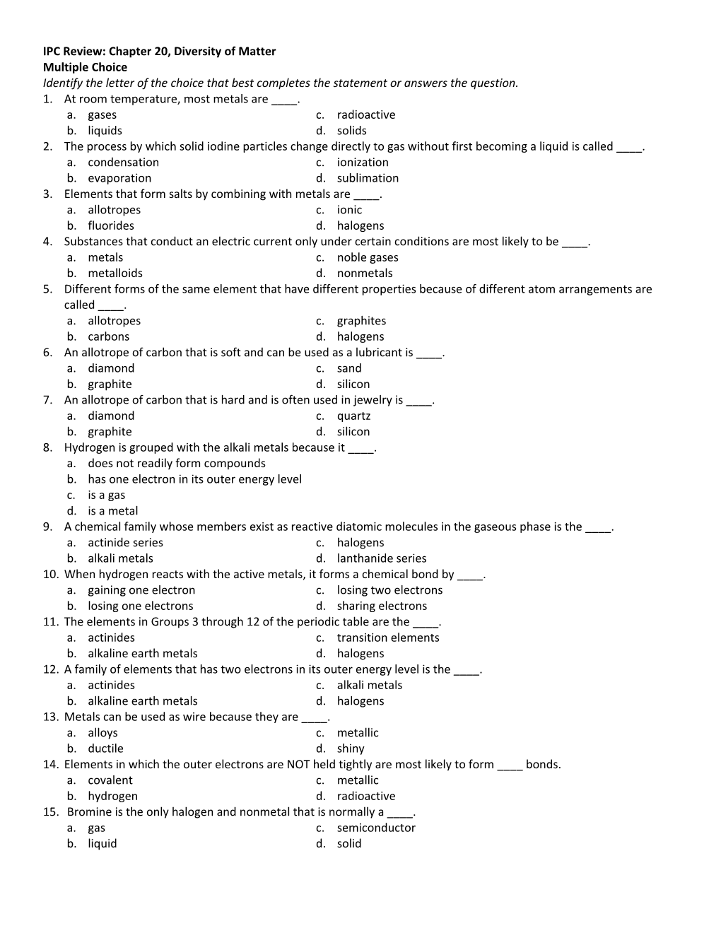 IPC Review: Chapter 20, Diversity of Matter