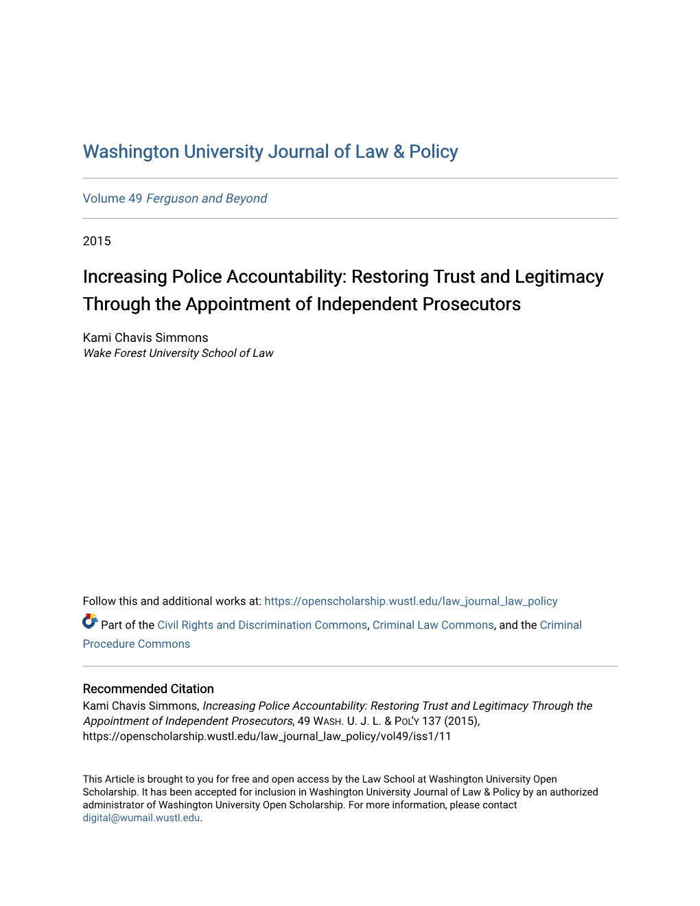 Increasing Police Accountability: Restoring Trust and Legitimacy Through the Appointment of Independent Prosecutors