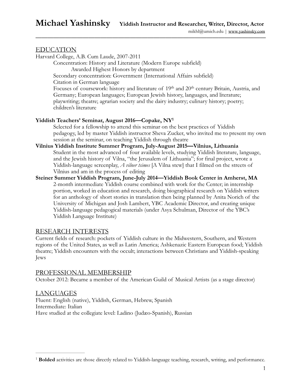 Michael Yashinsky CV