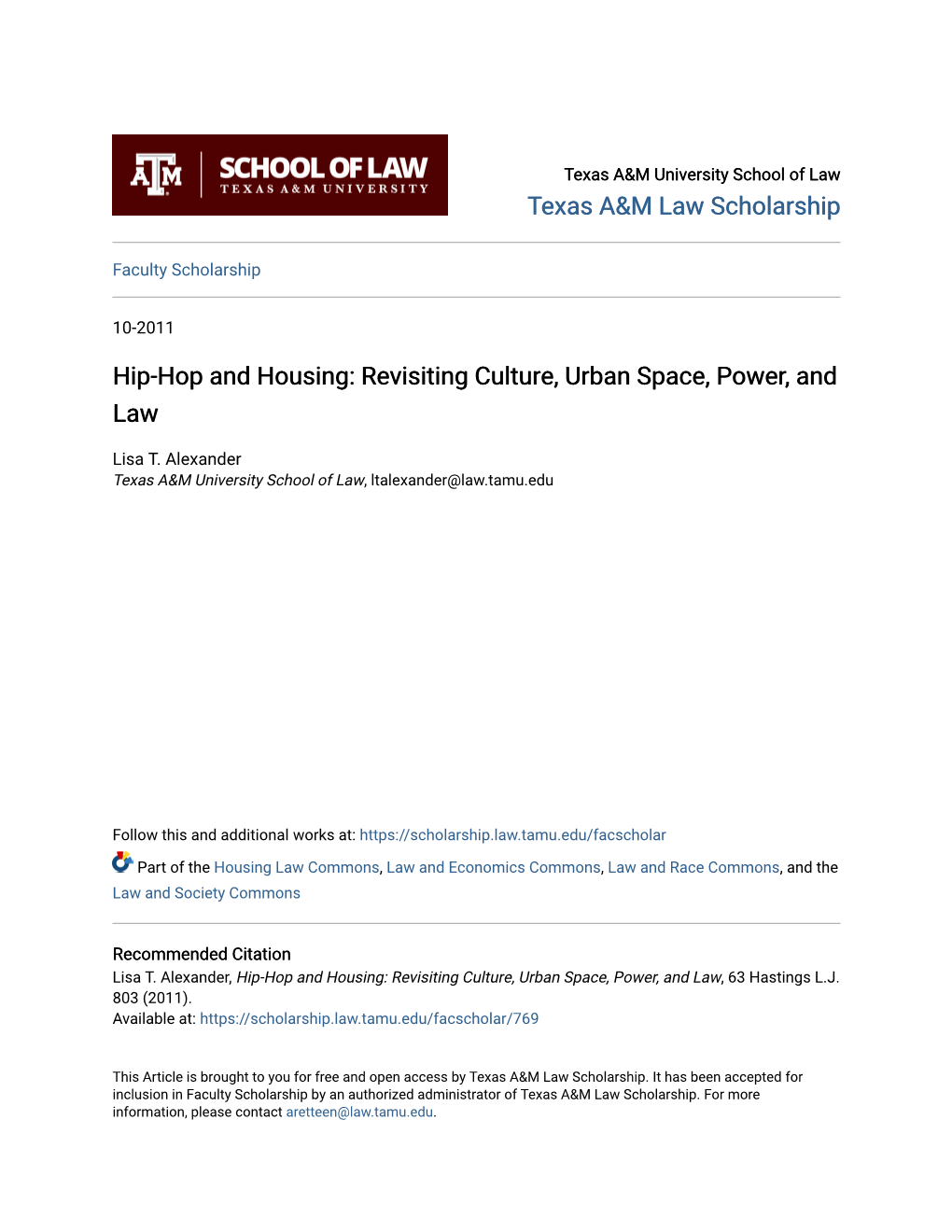 Hip-Hop and Housing: Revisiting Culture, Urban Space, Power, and Law