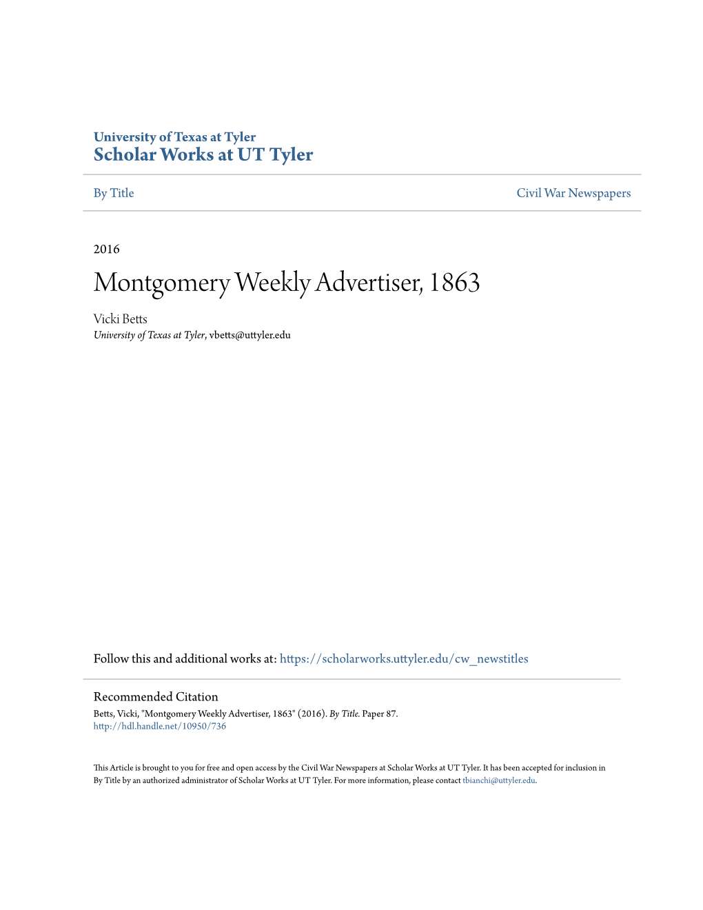 Montgomery Weekly Advertiser, 1863 Vicki Betts University of Texas at Tyler, Vbetts@Uttyler.Edu