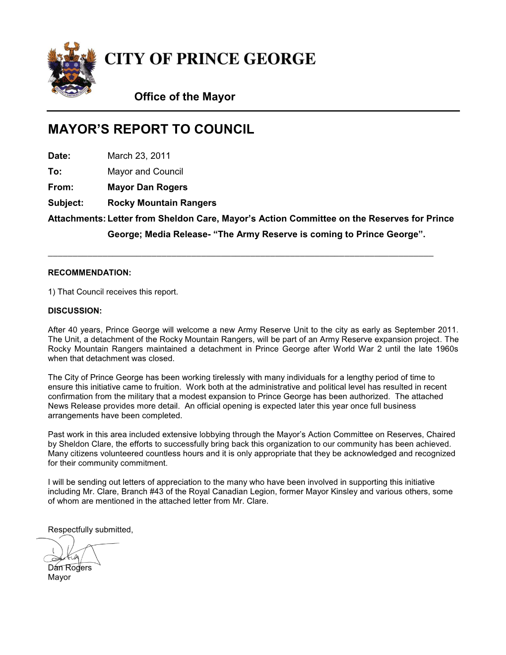 Mayor's Report to Council