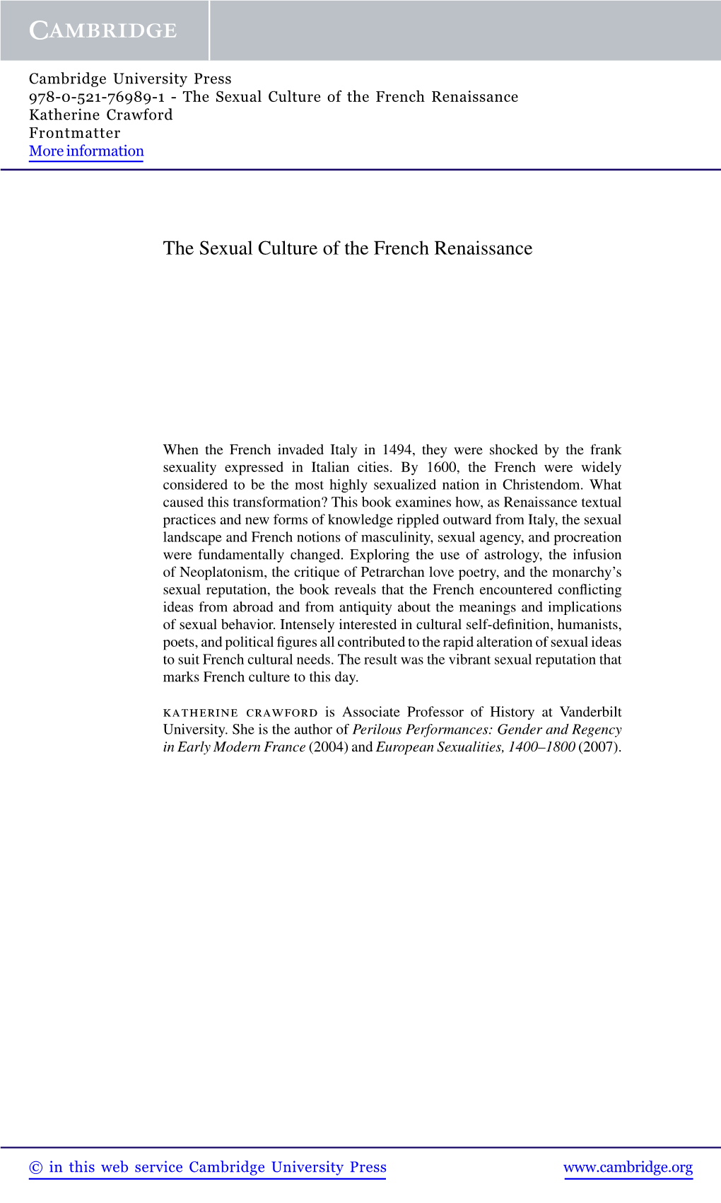 The Sexual Culture of the French Renaissance Katherine Crawford Frontmatter More Information
