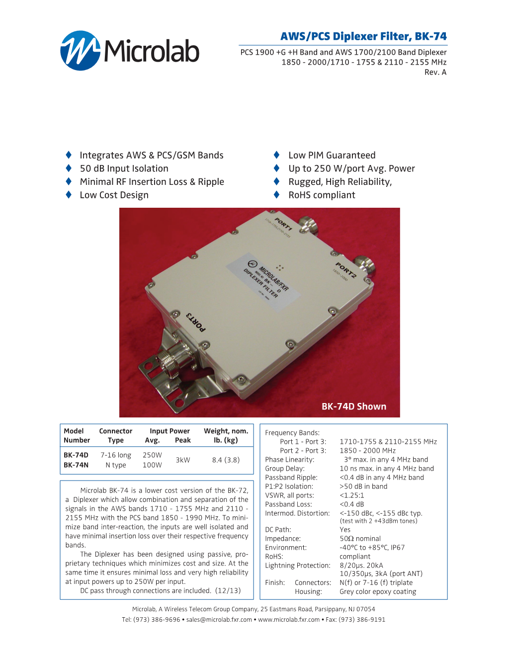 AWS/PCS Diplexer Filter, BK-74 PCS 1900 +G +H Band and AWS 1700/2100 Band Diplexer 1850 - 2000/1710 - 1755 & 2110 - 2155 Mhz Rev