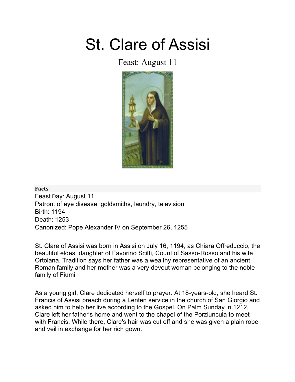 St. Clare of Assisi Feast: August 11