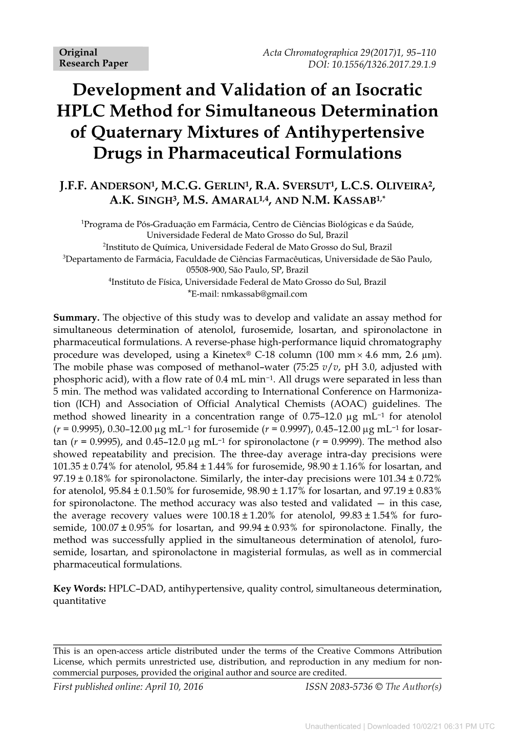 Development and Validation of an Isocratic HPLC Method for Simultaneous Determination of Quaternary Mixtures of Antihypertensive Drugs in Pharmaceutical Formulations