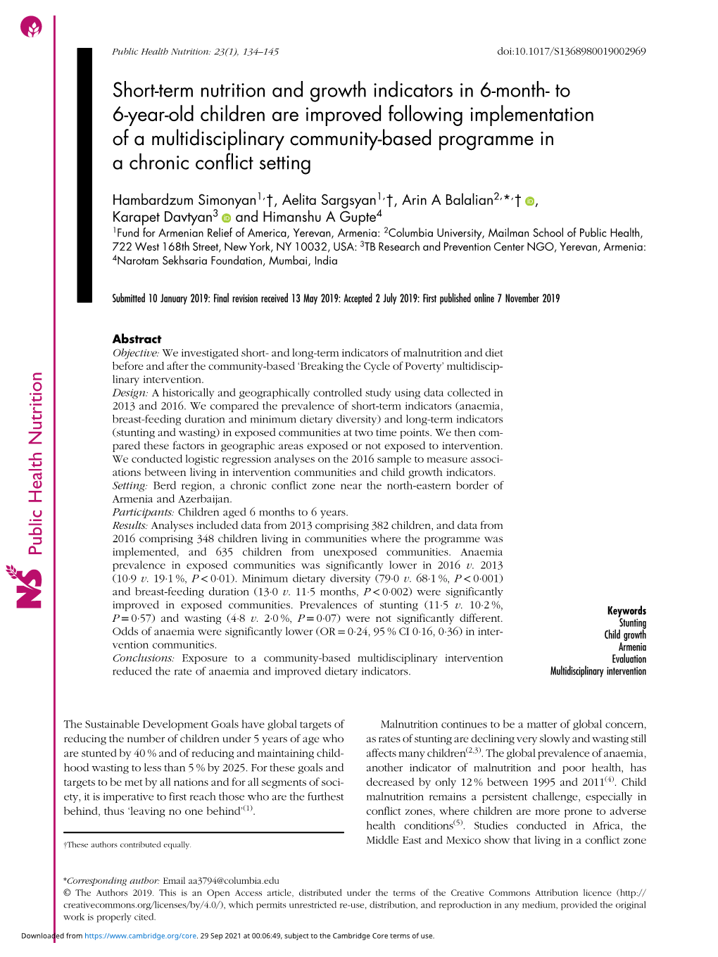 Short-Term Nutrition and Growth Indicators in 6-Month- to 6-Year-Old Children Are Improved Following Implementation of a Multidi