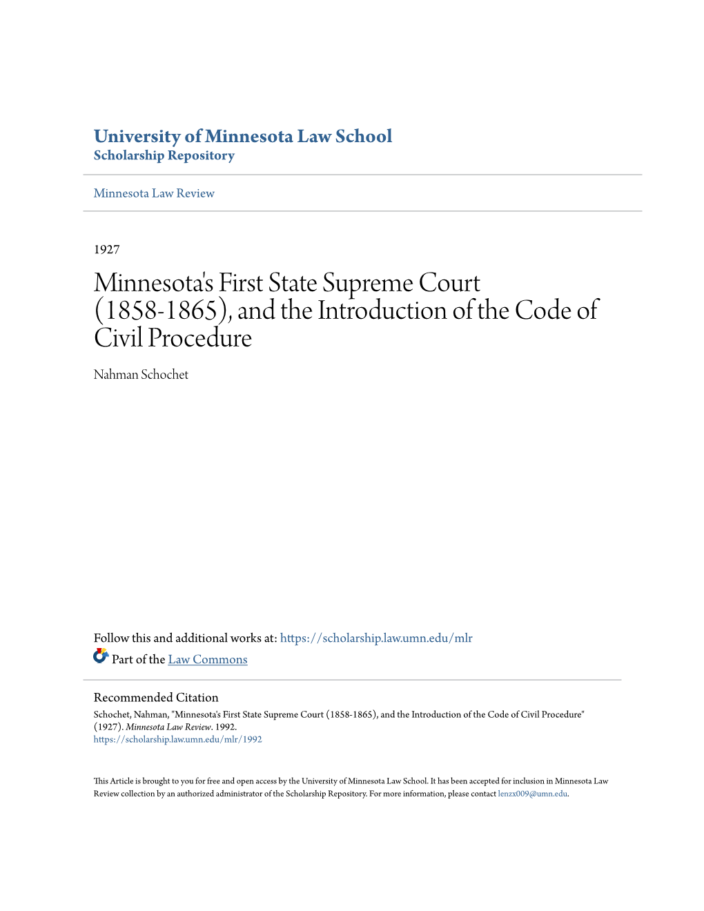 Minnesota's First State Supreme Court (1858-1865), and the Introduction of the Code of Civil Procedure Nahman Schochet