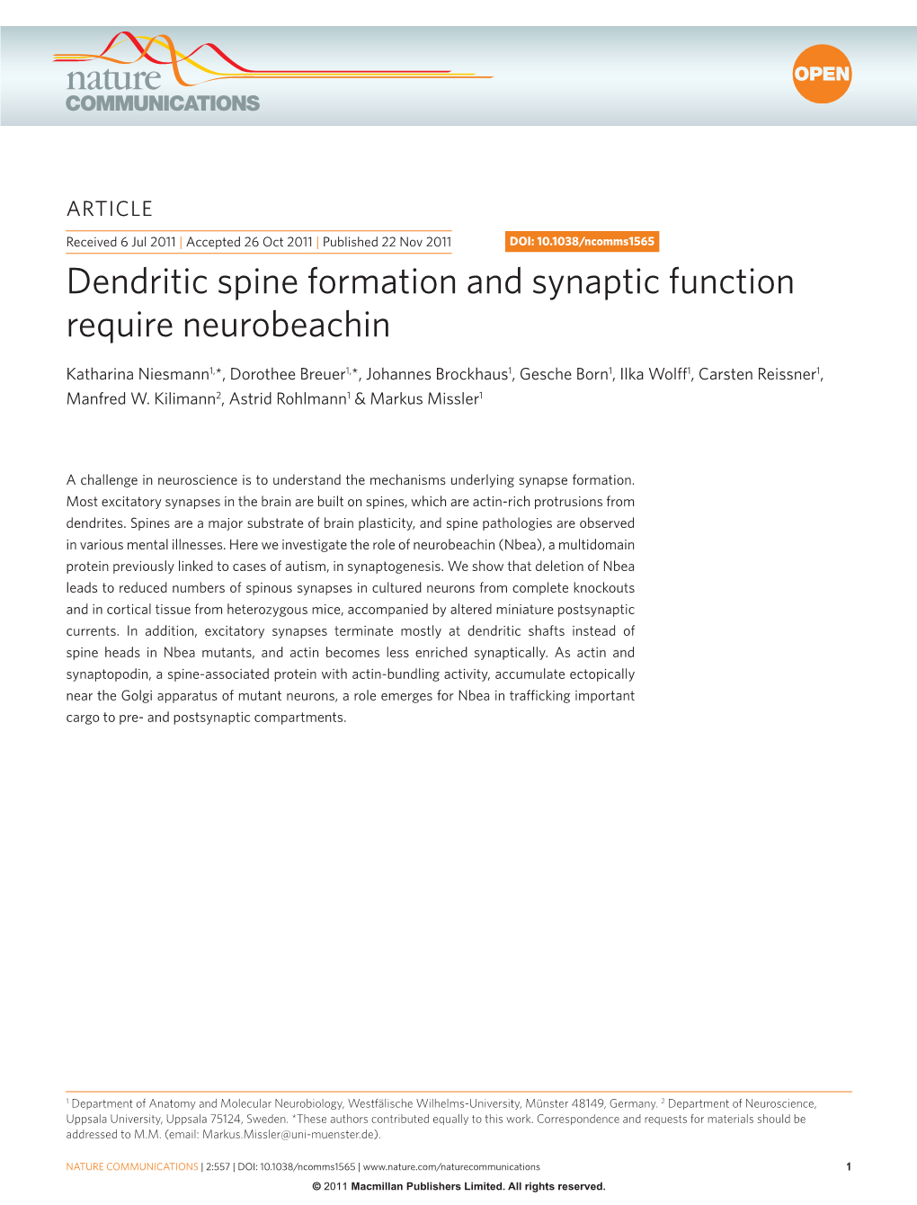 Dendritic Spine Formation and Synaptic Function Require Neurobeachin