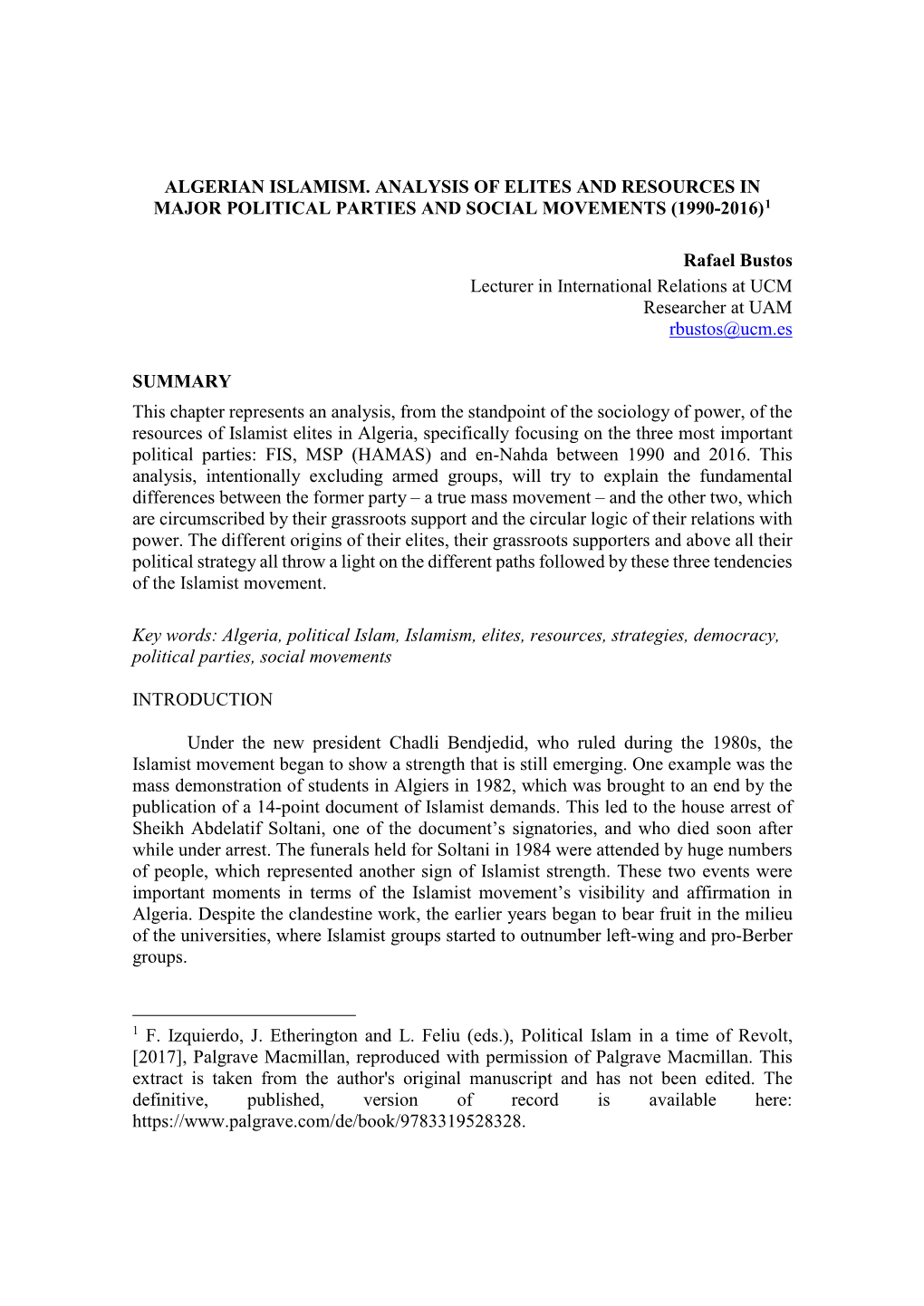 Algerian Islamism. Analysis of Elites and Resources in Major Political Parties and Social Movements (1990-2016)1