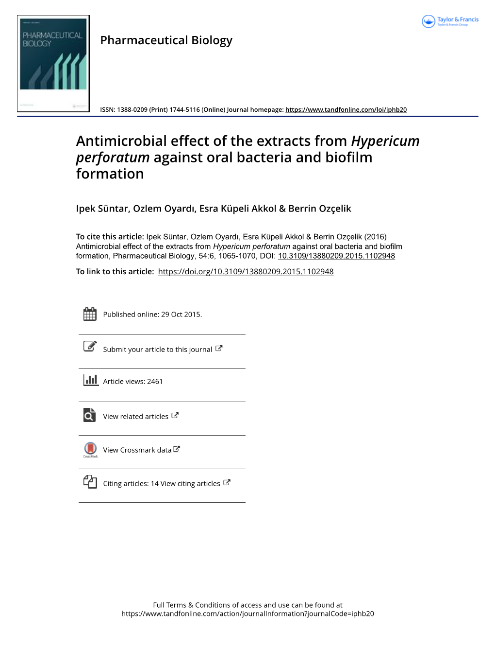 Antimicrobial Effect of the Extracts from Hypericum Perforatum Against Oral Bacteria and Biofilm Formation