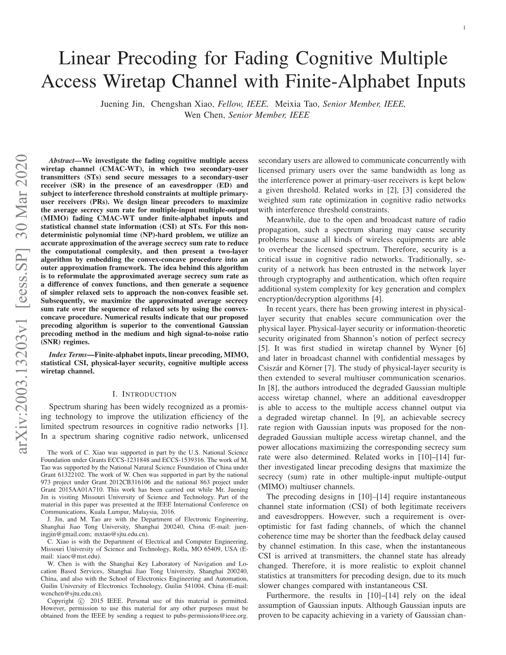 Linear Precoding for Fading Cognitive Multiple Access Wiretap Channel with Finite-Alphabet Inputs