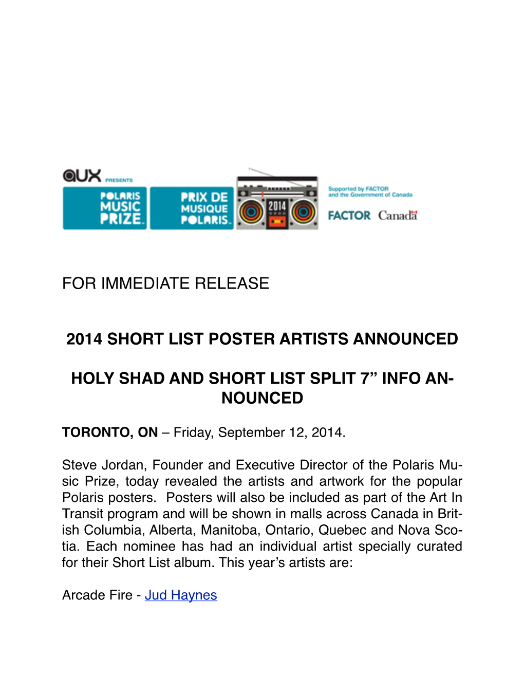 2014 Polaris Music Prize Short List Poster Artists