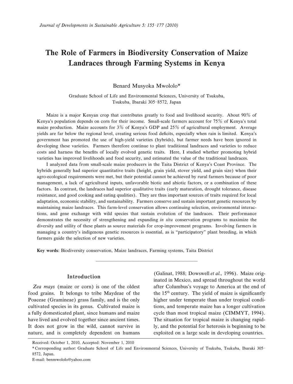 The Role of Farmers in Biodiversity Conservation of Maize Landraces Through Farming Systems in Kenya