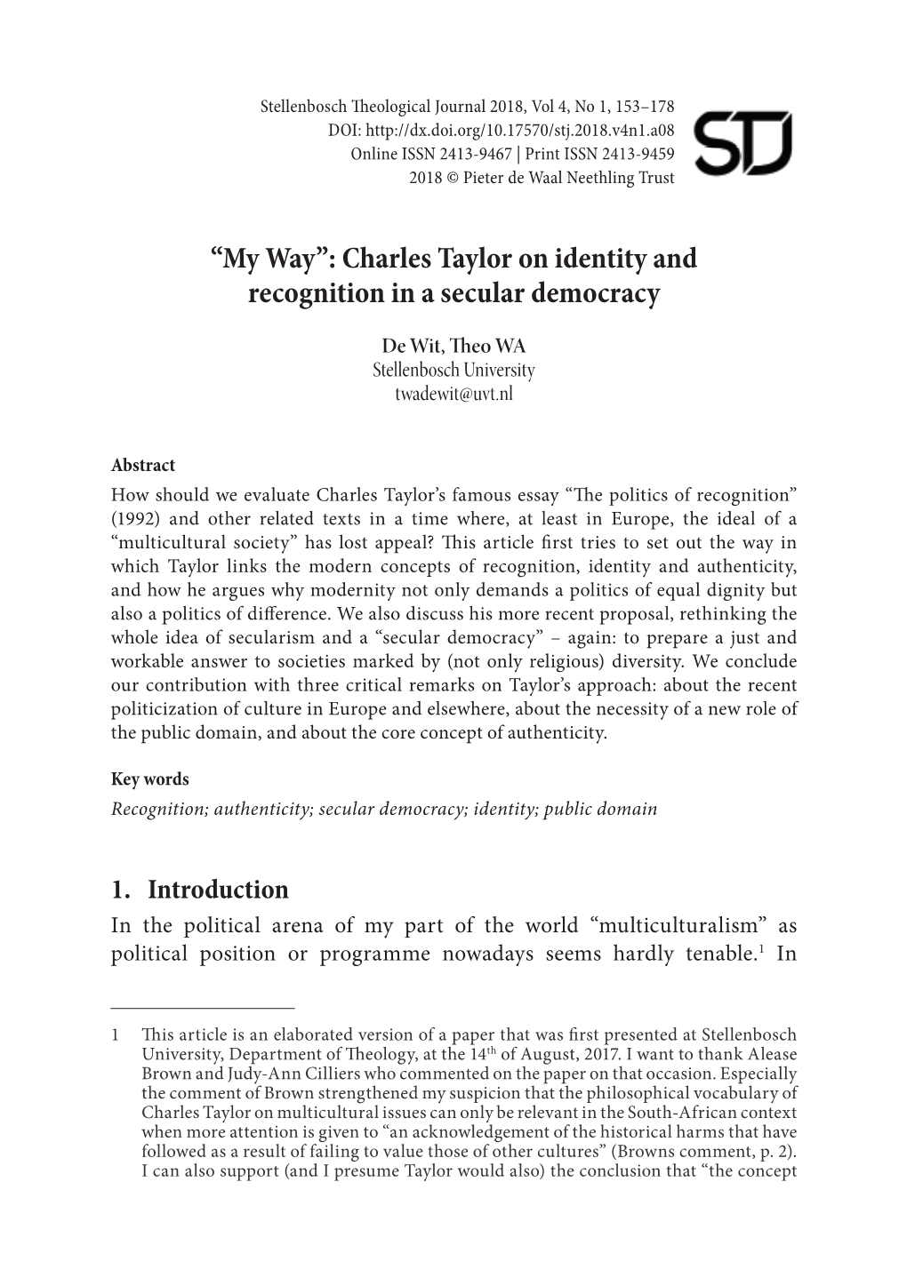 Charles Taylor on Identity and Recognition in a Secular Democracy