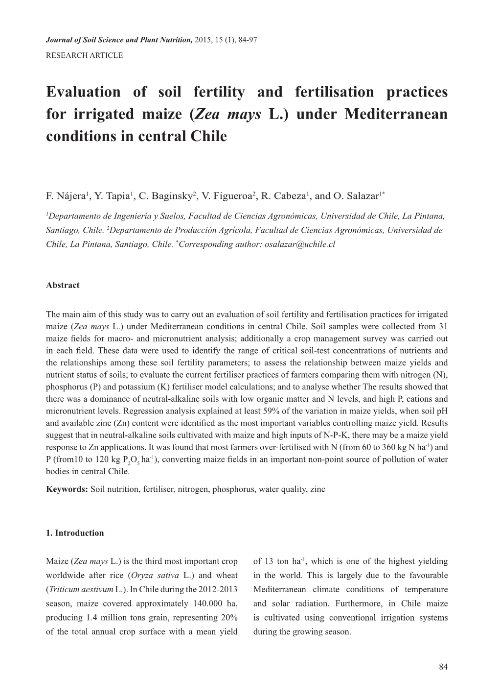 Evaluation of Soil Fertility and Fertilisation Practices for Irrigated Maize (Zea Mays L.) Under Mediterranean Conditions in Central Chile