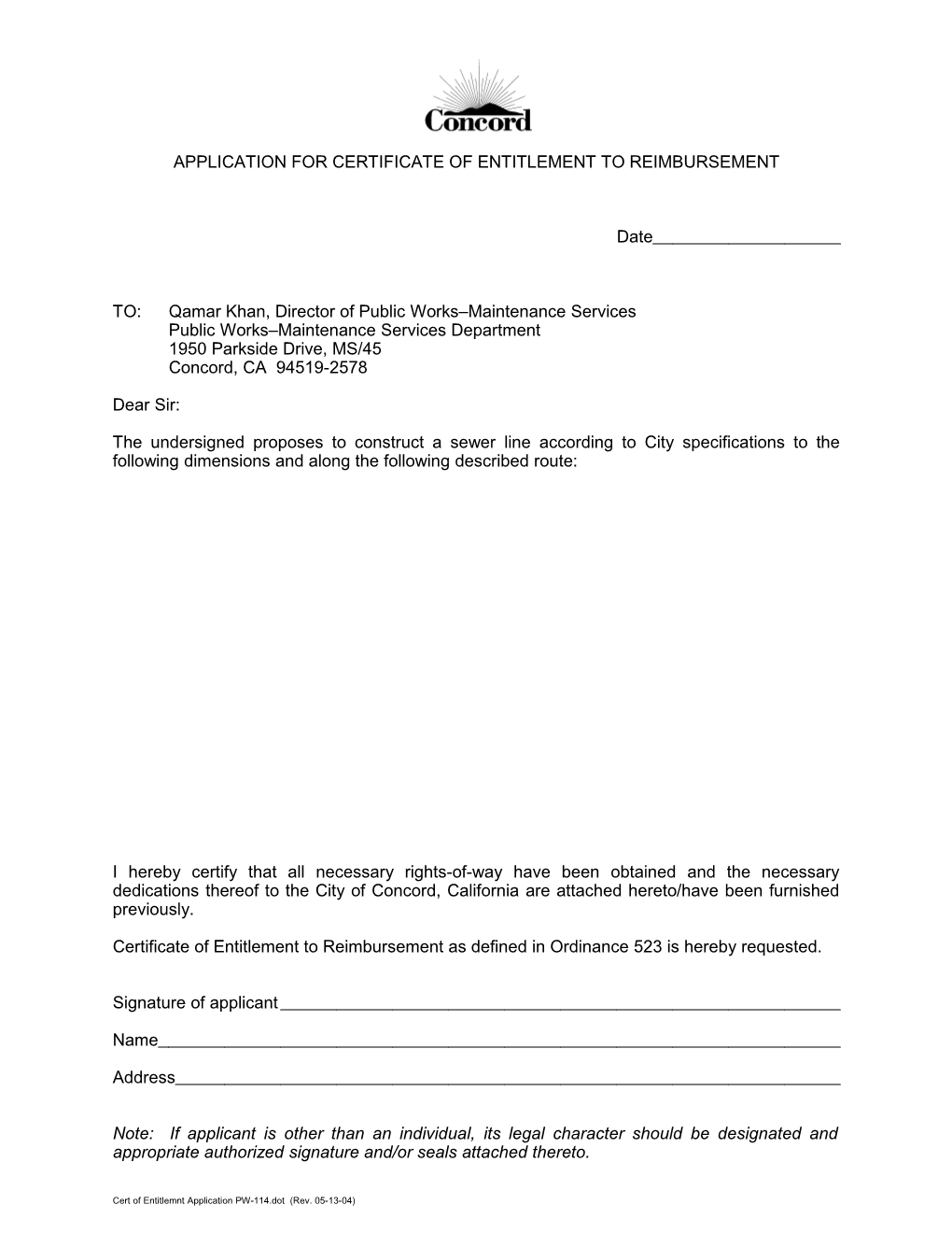 Application for Certificate of Entitlement to Reimbursement