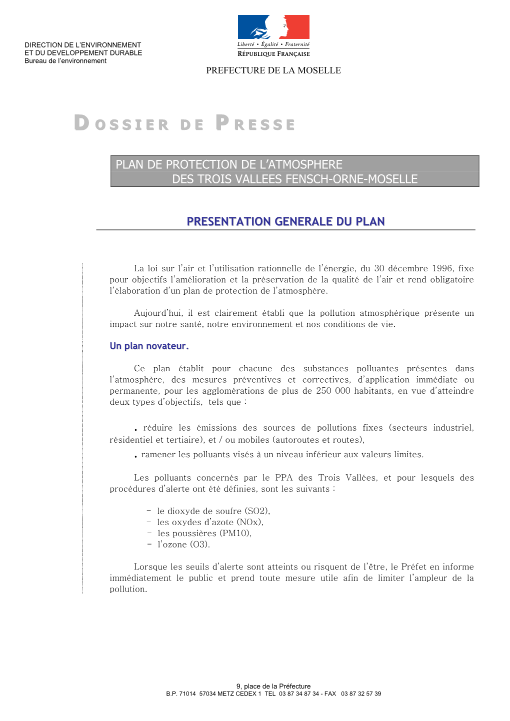 Plan De Protection De L’Atmosphere Des Trois Vallees Fensch-Orne-Moselle