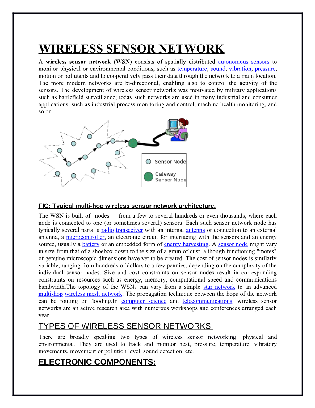 FIG: Typical Multi-Hop Wireless Sensor Network Architecture