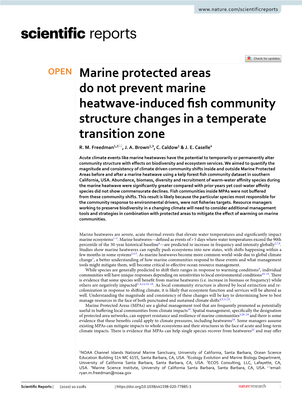 Marine Protected Areas Do Not Prevent Marine Heatwave-Induced Fish