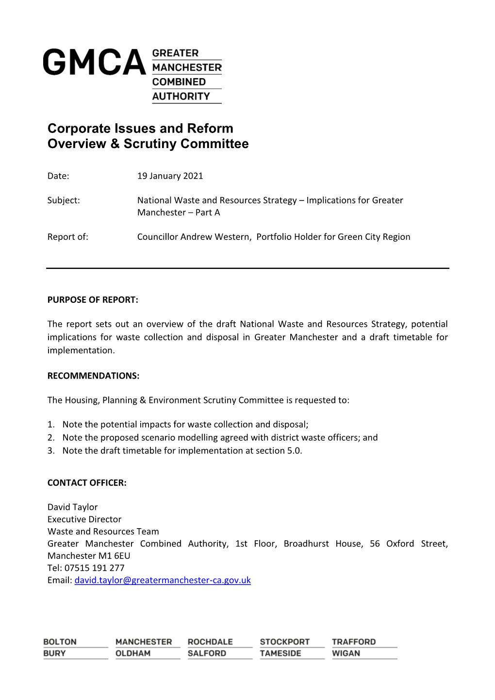 National Waste and Resources Strategy – Implications for Greater Manchester – Part A