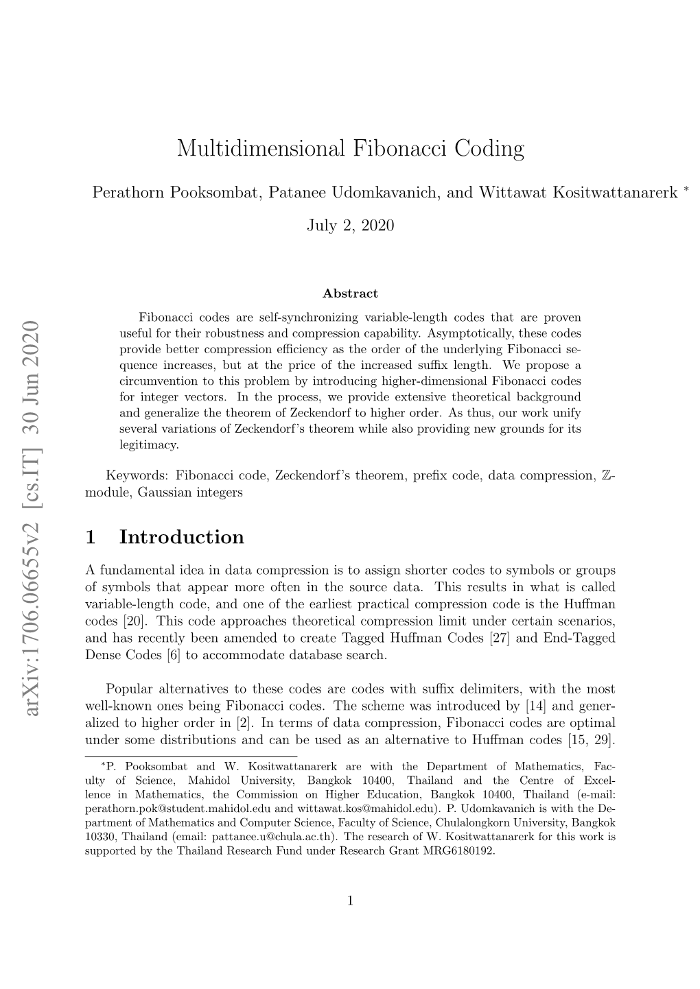 Multidimensional Fibonacci Coding Arxiv:1706.06655V2 [Cs.IT] 30 Jun 2020