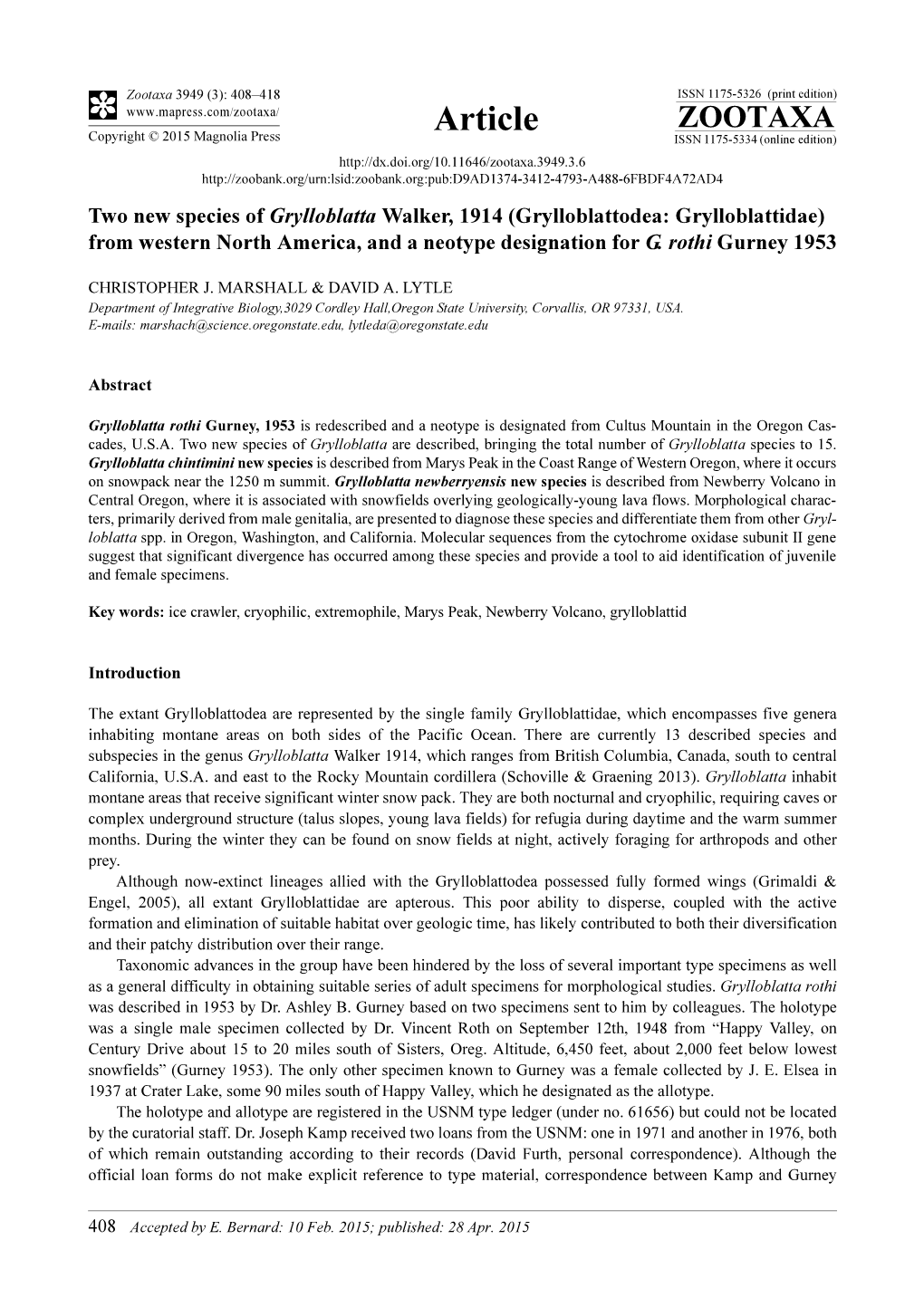 Grylloblattodea: Grylloblattidae) from Western North America, and a Neotype Designation for G