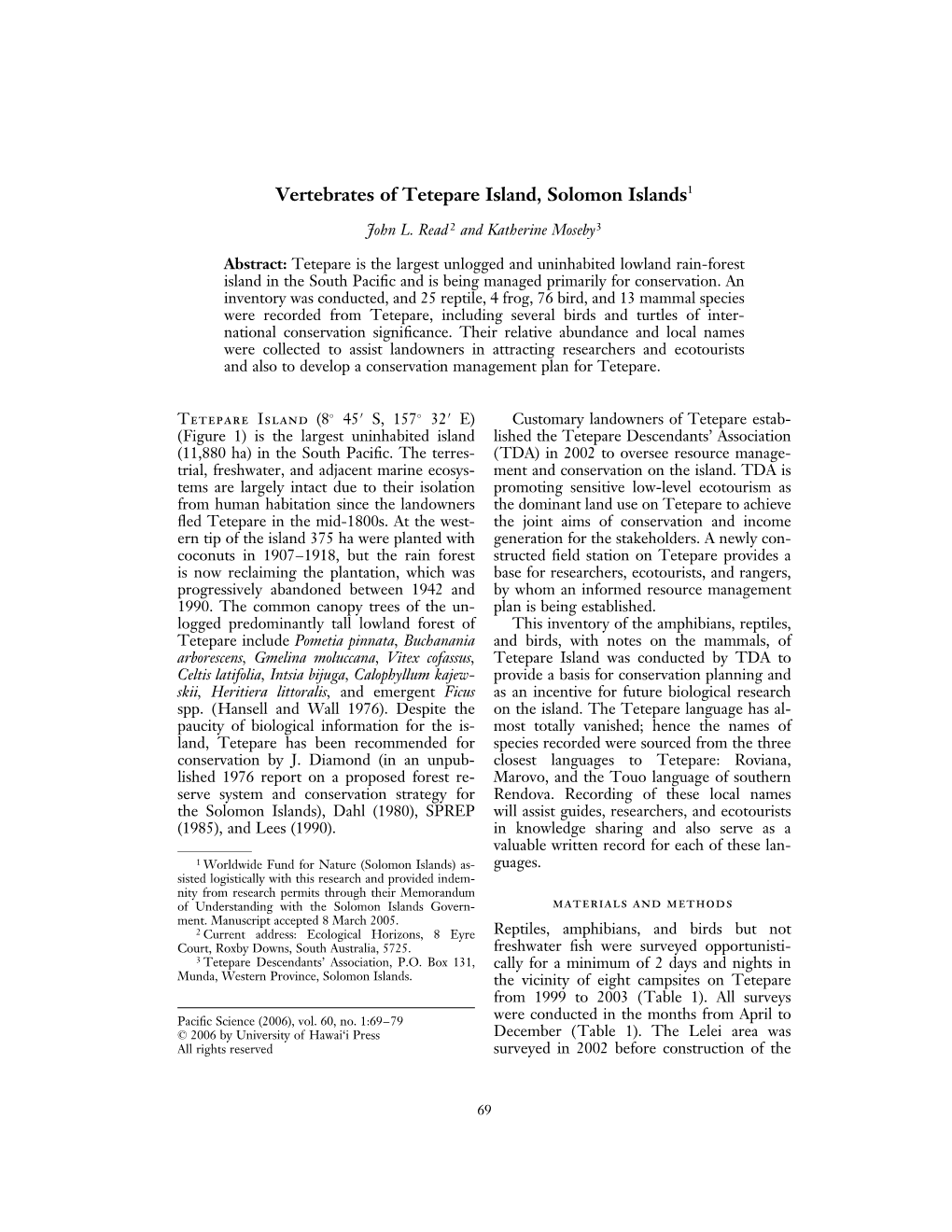 Vertebrates of Tetepare Island, Solomon Islands1