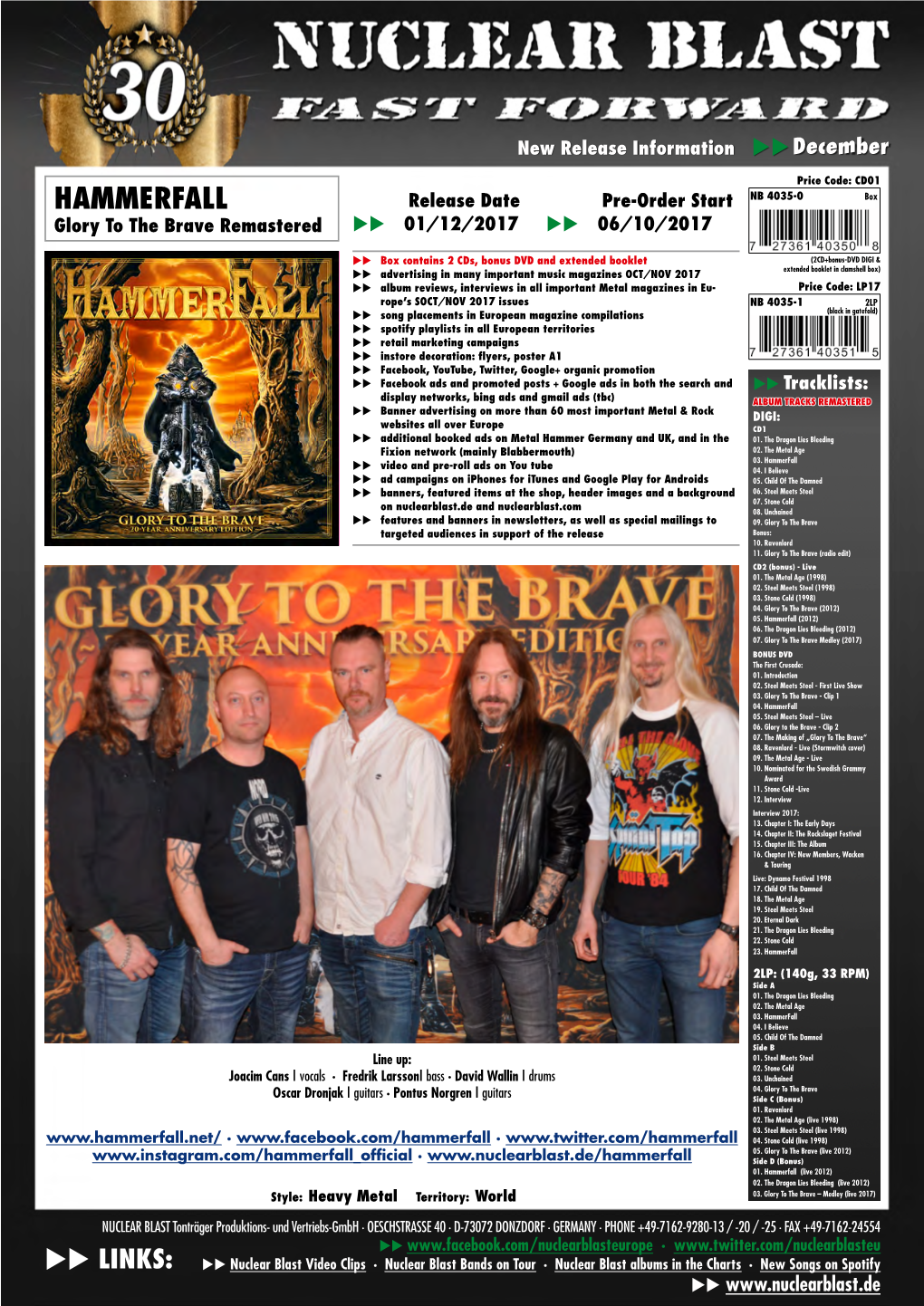 HAMMERFALL Release Date Pre-Order Start Glory to the Brave Remastered Uu 01/12/2017 Uu 06/10/2017