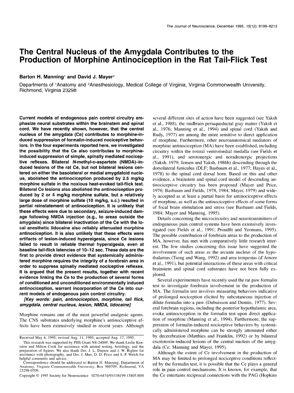 The Central Nucleus of the Amygdala Contributes to the Production of Morphine Antinociception in the Rat Tail-Flick Test