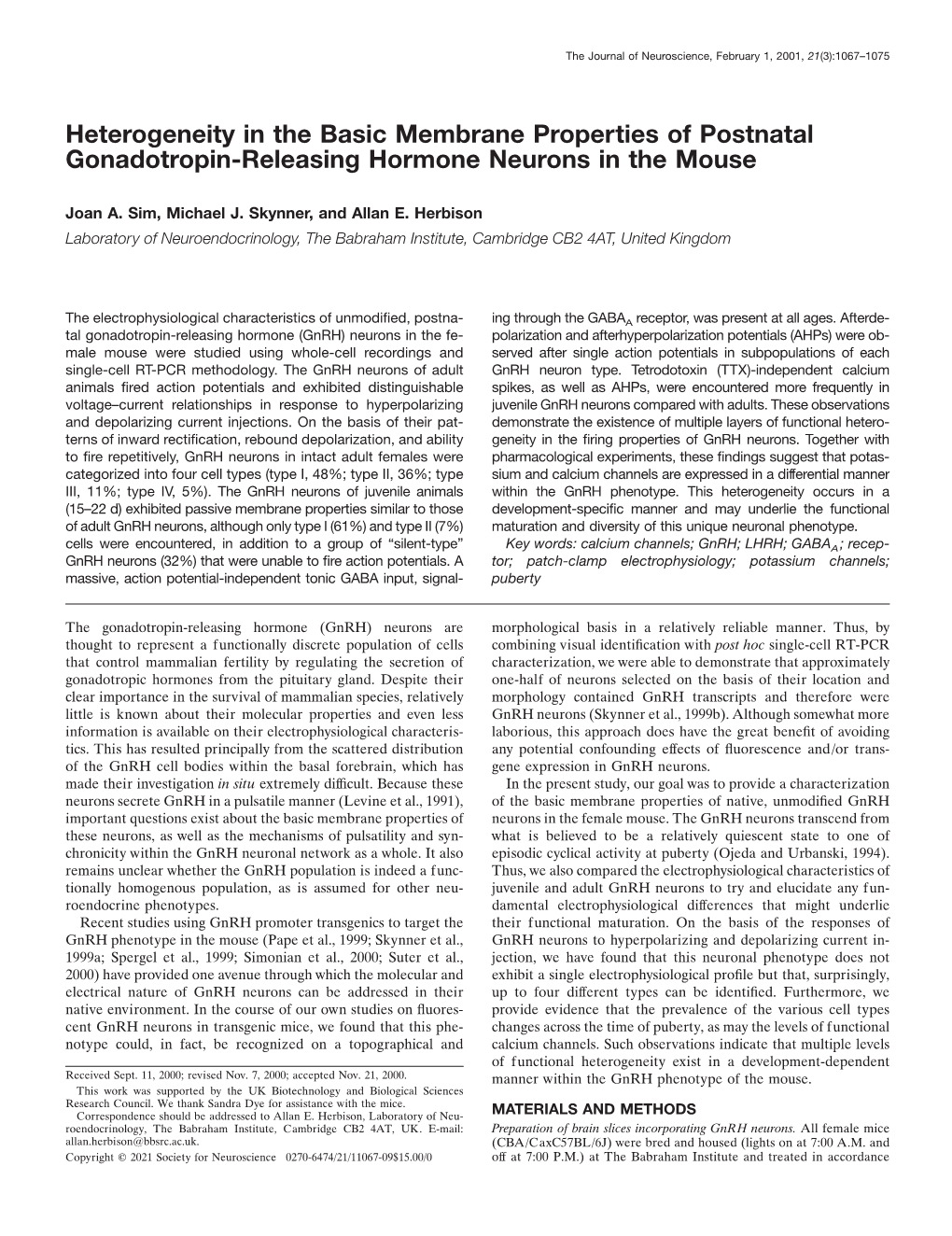 Heterogeneity in the Basic Membrane Properties of Postnatal Gonadotropin-Releasing Hormone Neurons in the Mouse