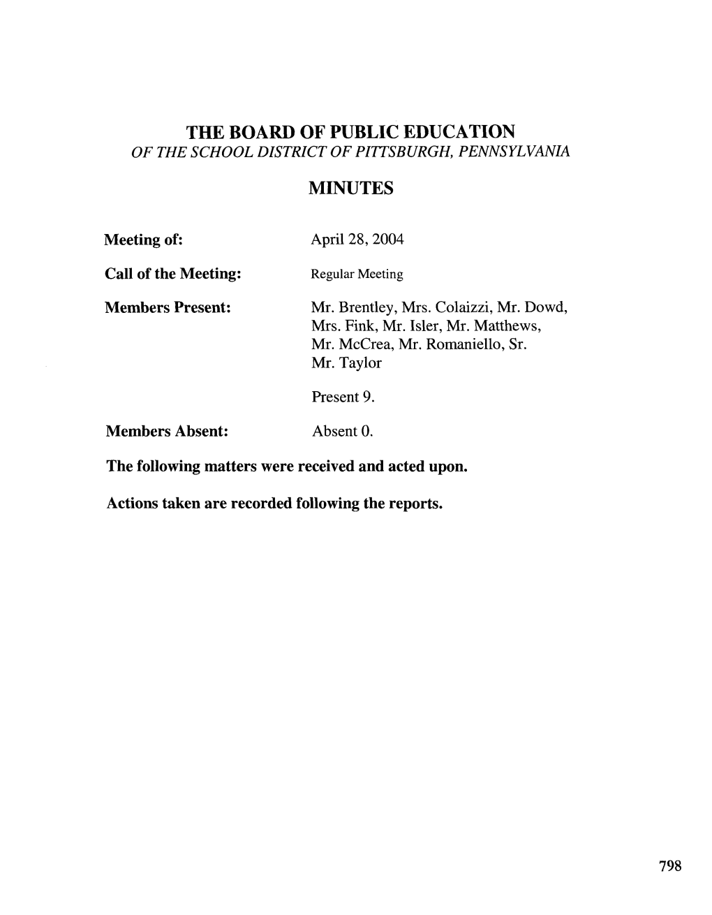 The Board of Public Education Minutes