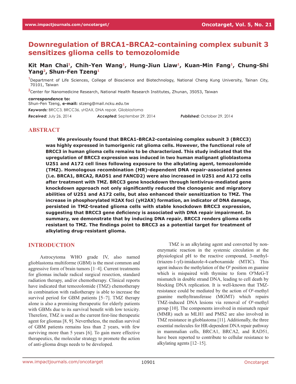 Downregulation of BRCA1-BRCA2-Containing Complex Subunit 3 Sensitizes Glioma Cells to Temozolomide