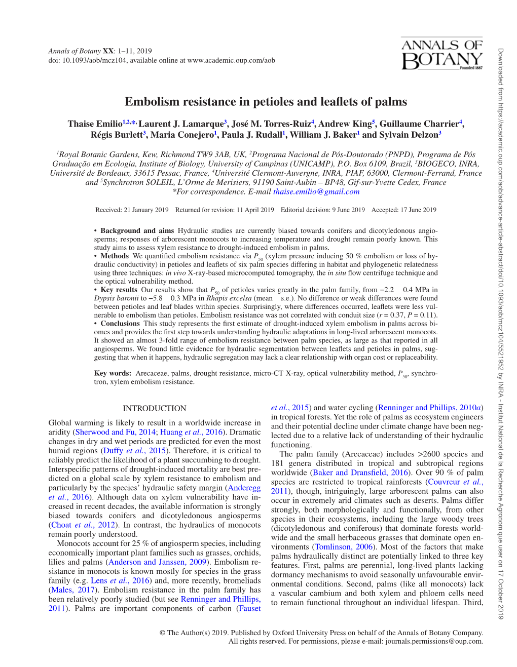 Embolism Resistance in Petioles and Leaflets of Palms