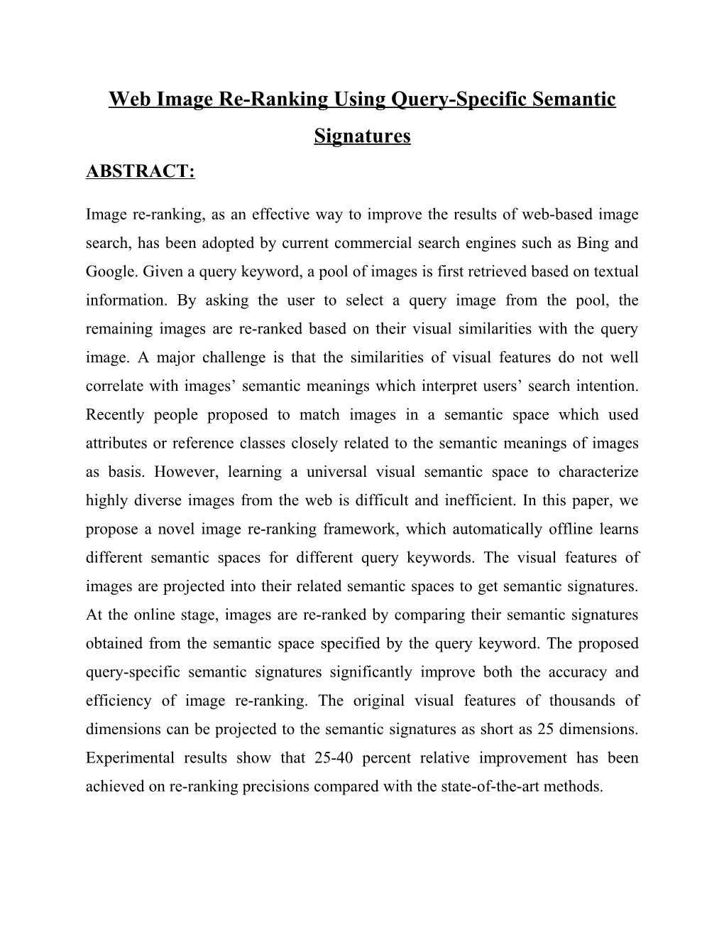 Web Image Re-Ranking Using Query-Specific Semantic Signatures