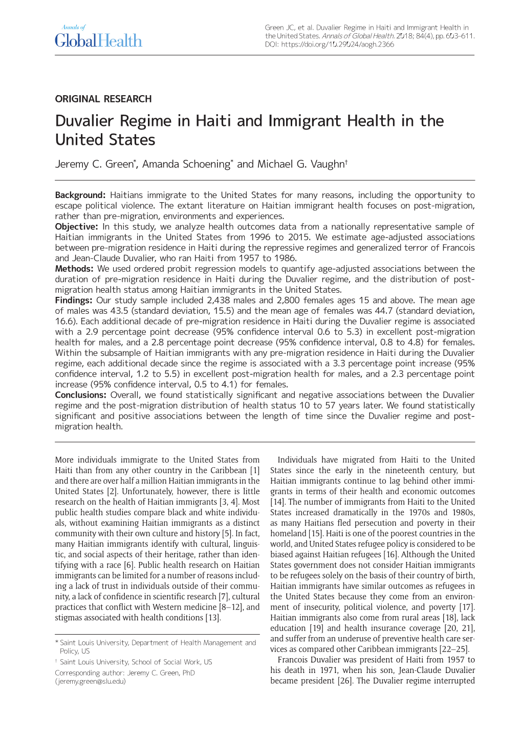 Duvalier Regime in Haiti and Immigrant Health in the United States