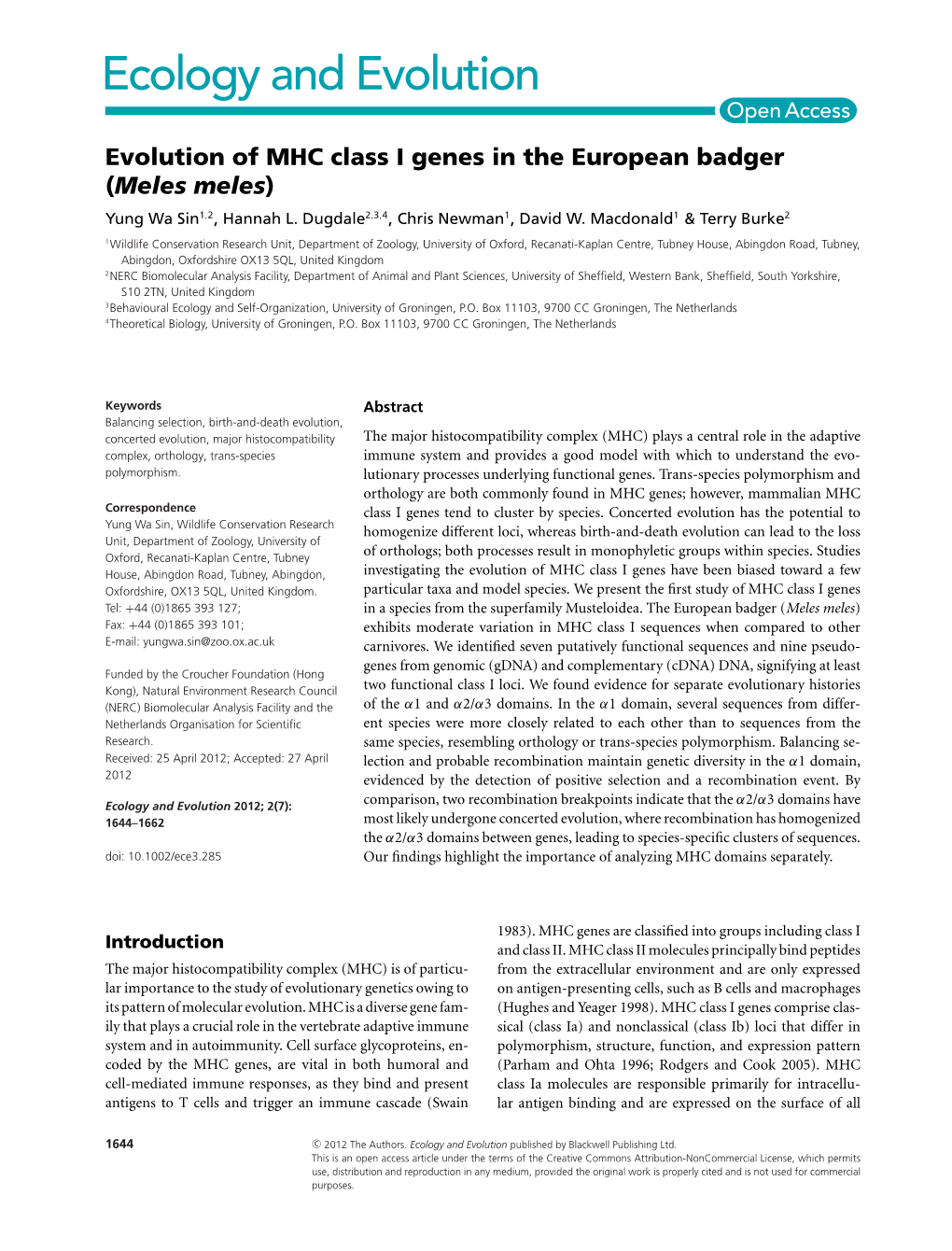 Evolution of MHC Class I Genes in the European Badger (Meles Meles) Yung Wa Sin1,2, Hannah L