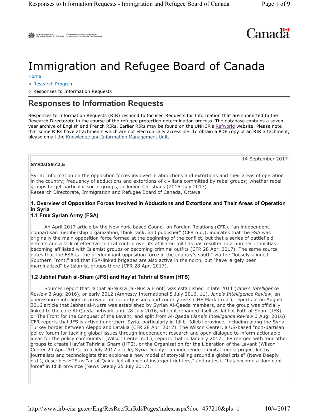 Immigration and Refugee Board of Canada Page 1 of 9