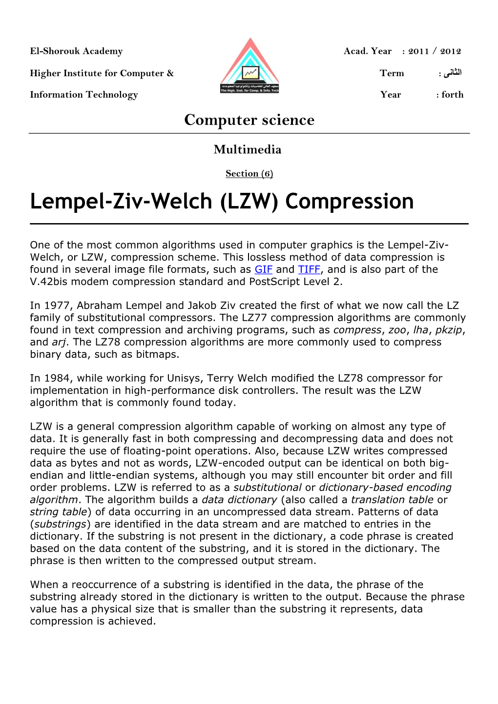 Lempel-Ziv-Welch (LZW) Compression