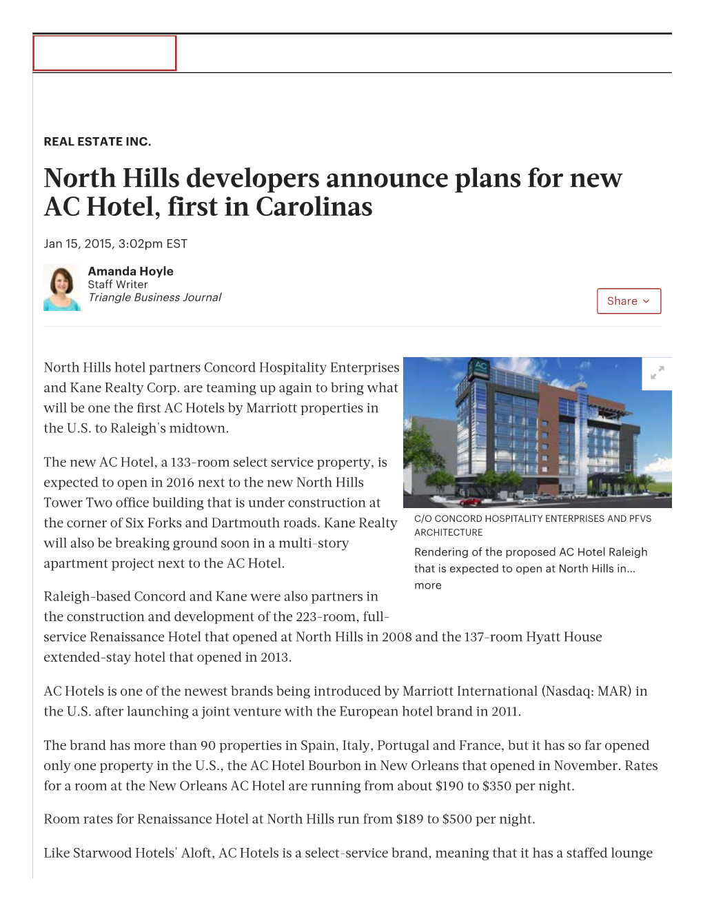 North Hills Developers Announce Plans for New AC Hotel, First in Carolinas - Triangle Business Journal