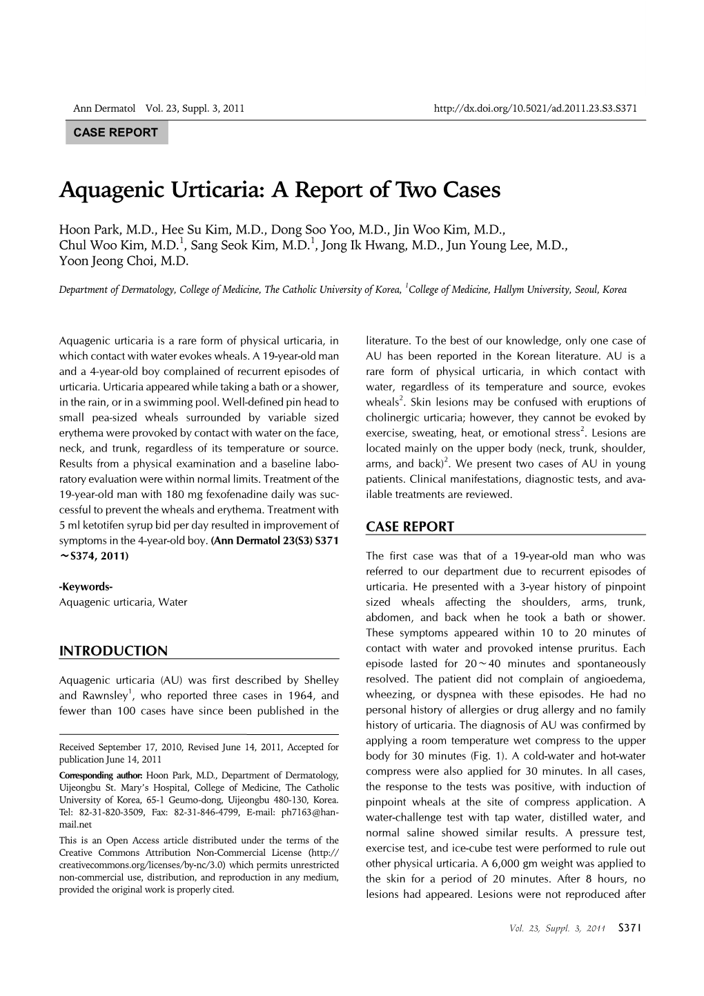 Aquagenic Urticaria: a Report of Two Cases Ann Dermatol Vol