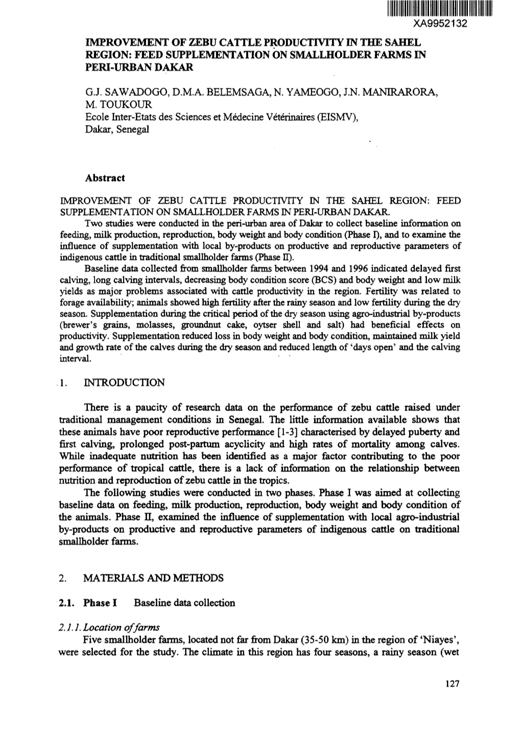 Improvement of Zebu Cattle Productivity in the Sahel Region: Feed Supplementation on Smallholder Farms in Peri-Urban Dakar