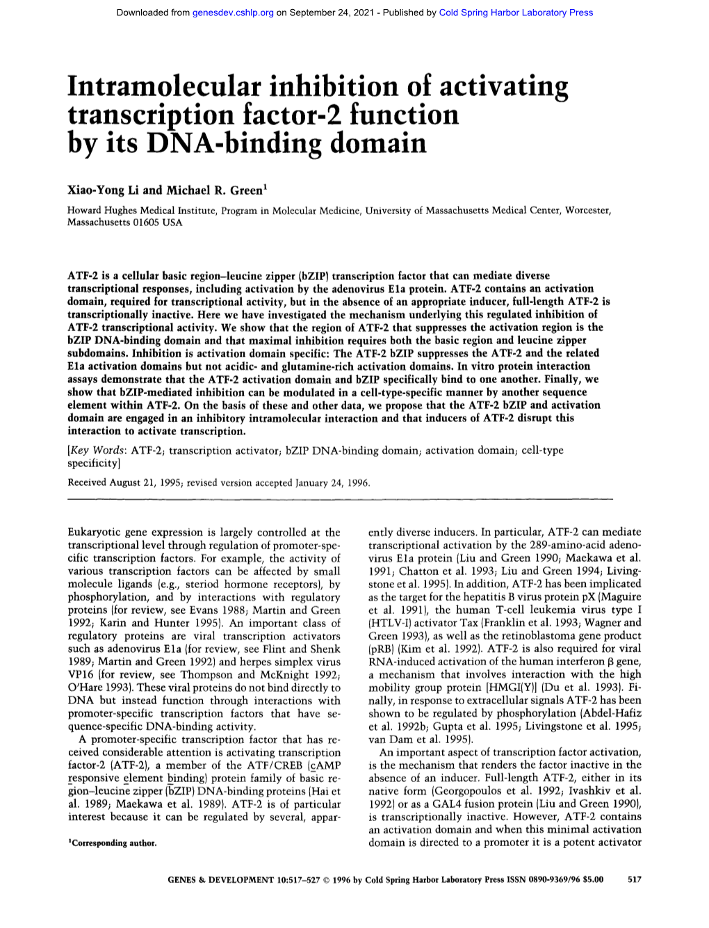 Intramolecular Inhibition of Activating Transcription Factor-2 Function by Its DNA-Binding Domain