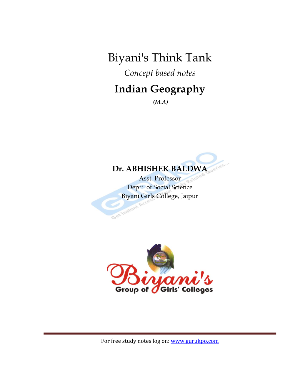 Biyani's Think Tank Concept Based Notes Indian Geography (M.A)