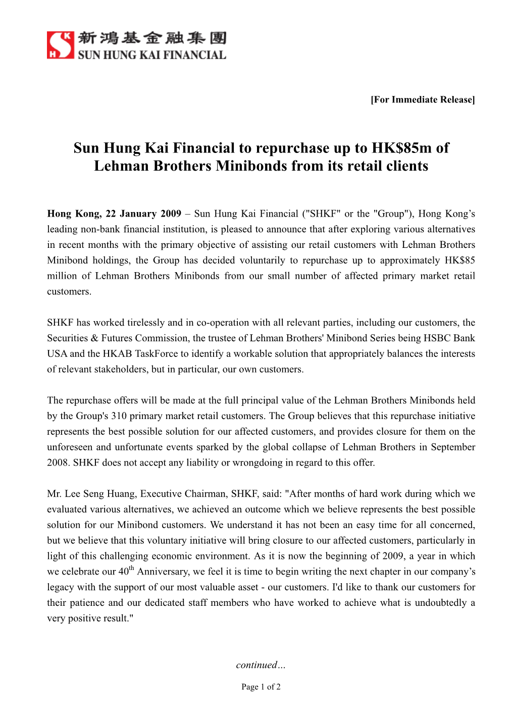 Sun Hung Kai Financial to Repurchase up to HK$85M of Lehman Brothers Minibonds from Its Retail Clients