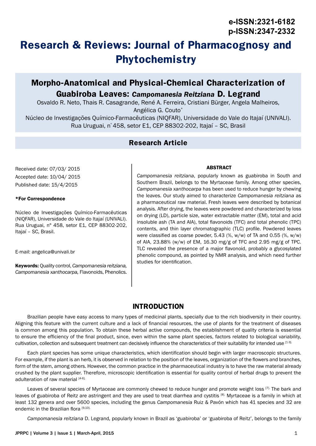 Morpho-Anatomical and Physical-Chemical Characterization of Guabiroba Leaves: Campomanesia Reitziana D