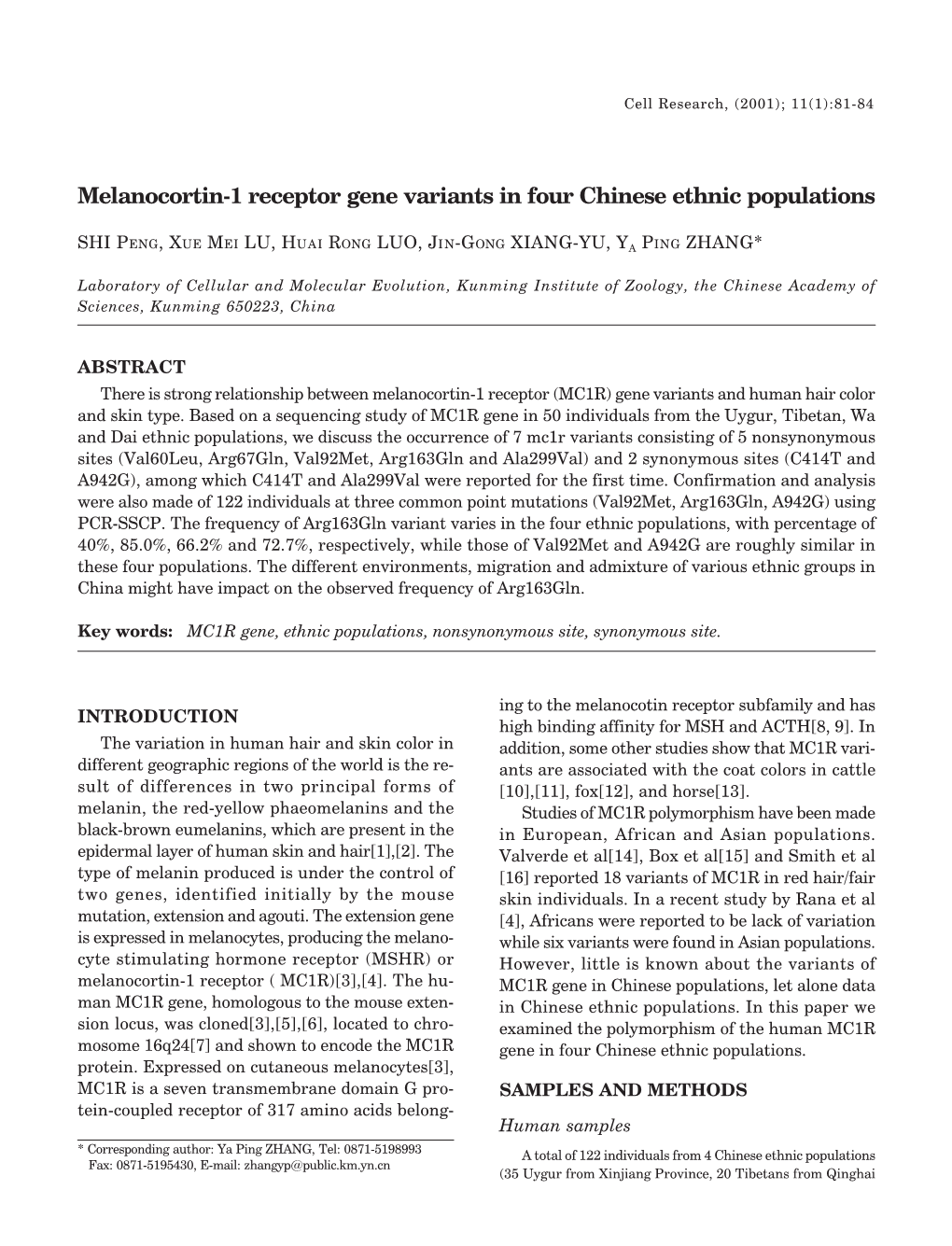 Melanocortin-1 Receptor Gene Variants in Four Chinese Ethnic Populations
