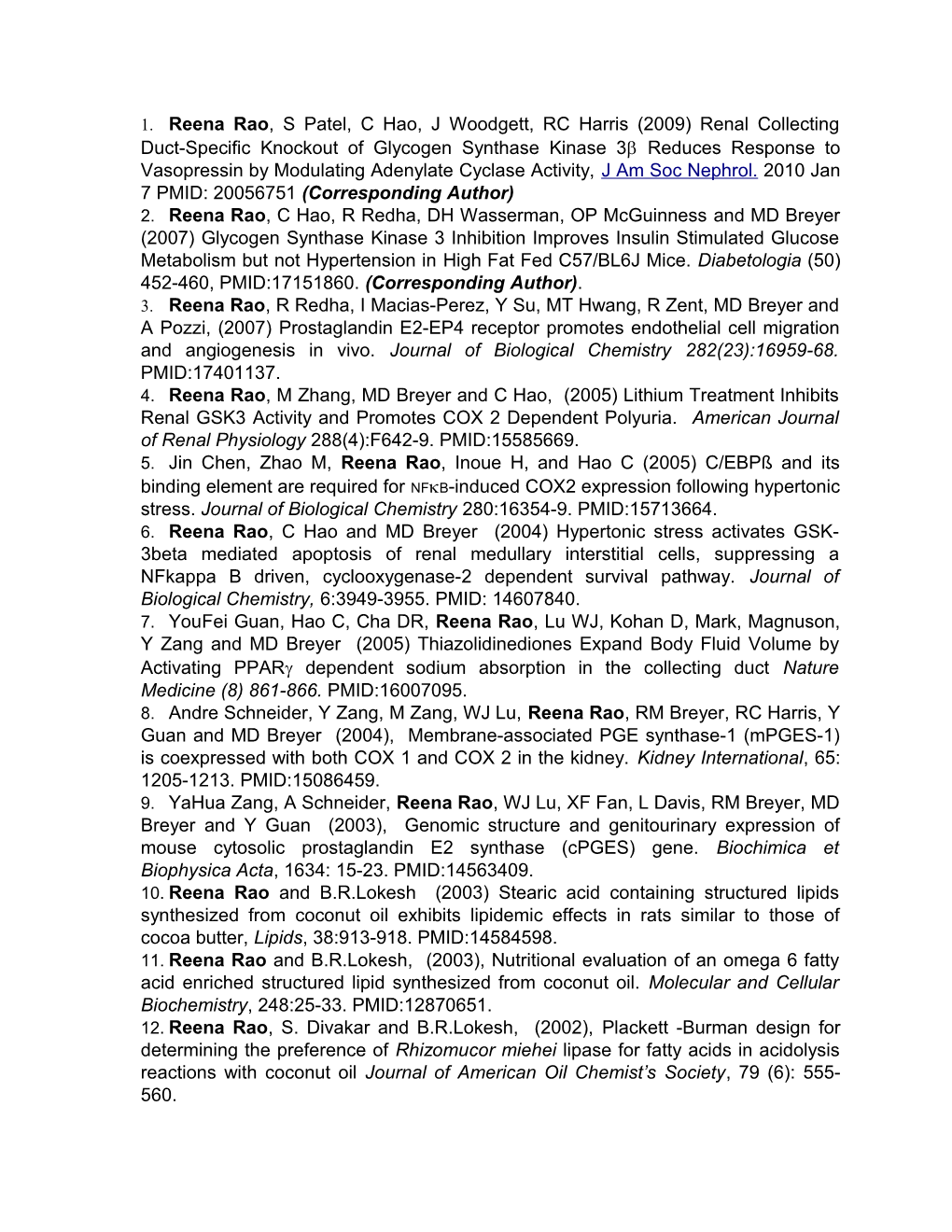 2. Reena Rao, C Hao, R Redha, DH Wasserman, OP Mcguinness and MD Breyer (2007) Glycogen